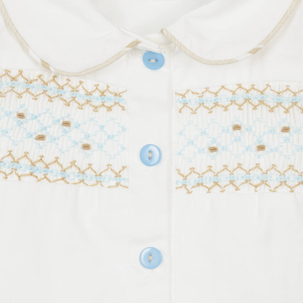 Beau KiD-Boys White & Beige Cotton Shorts Set with Smocking | Childrensalon