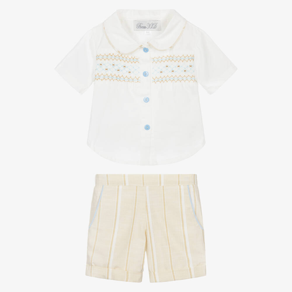 Beau KiD-Boys White & Beige Cotton Shorts Set with Smocking | Childrensalon