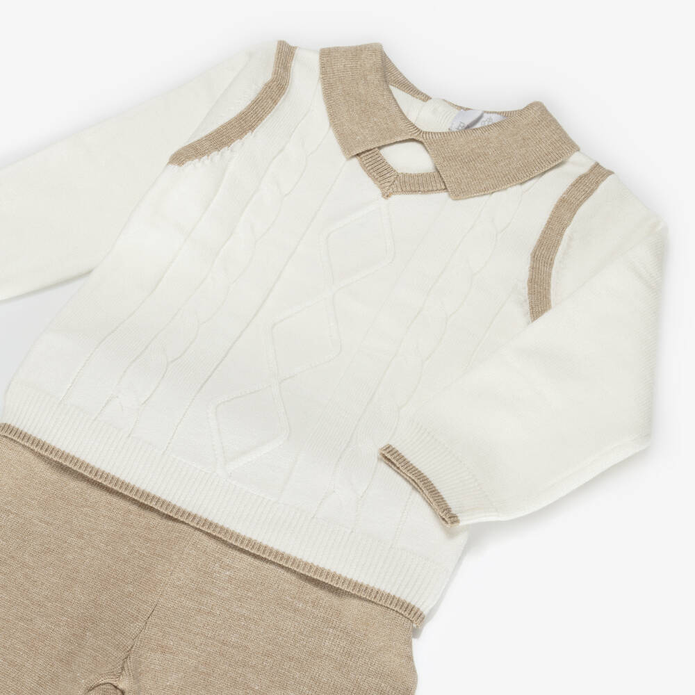 Beau KiD-Boys White & Beige Knitted Trouser Set | Childrensalon