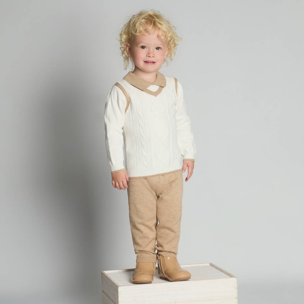 Beau KiD-Boys White & Beige Knitted Trouser Set | Childrensalon