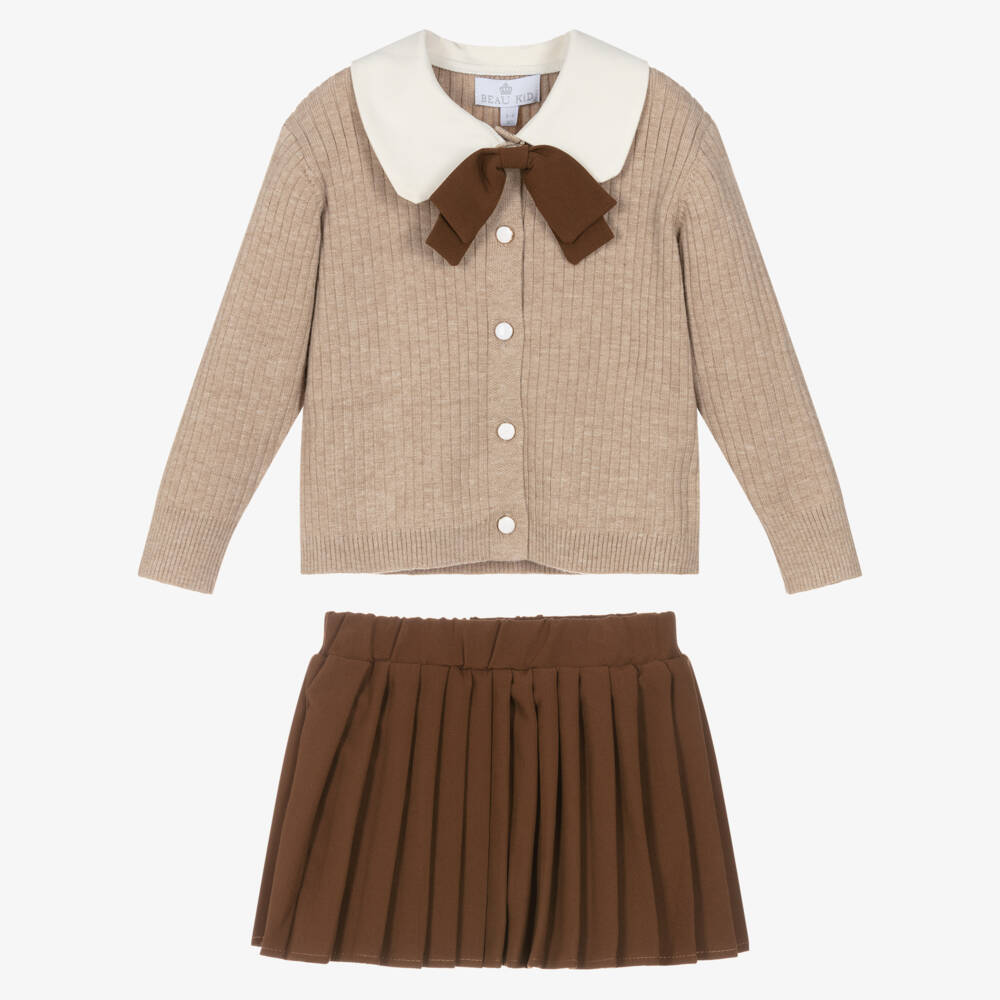 Beau KiD-Girls Beige & Brown Pleated Skirt Set with Bow Brooch | Childrensalon