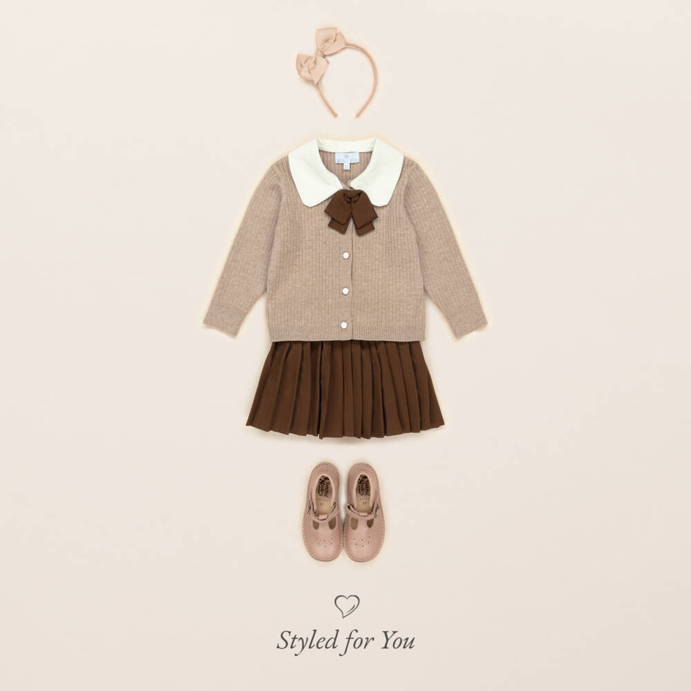 Beau KiD-Girls Beige & Brown Pleated Skirt Set with Bow Brooch | Childrensalon