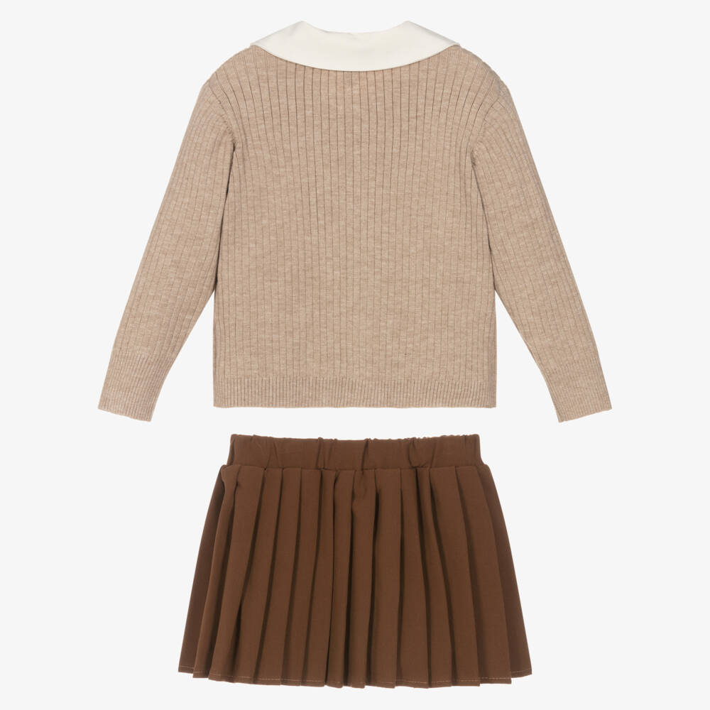 Beau KiD-Girls Beige & Brown Pleated Skirt Set with Bow Brooch | Childrensalon