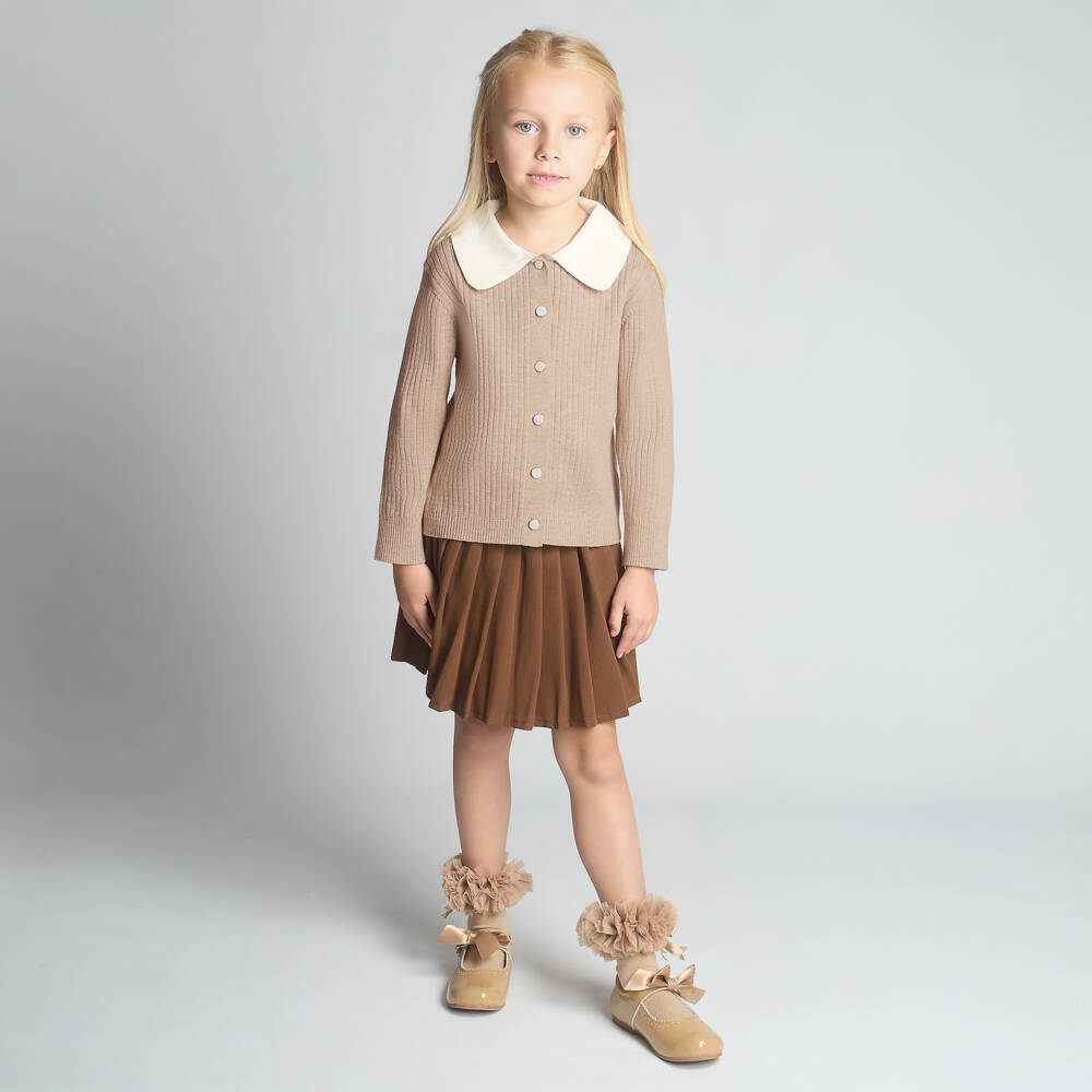 Beau KiD-Girls Beige & Brown Pleated Skirt Set with Bow Brooch | Childrensalon
