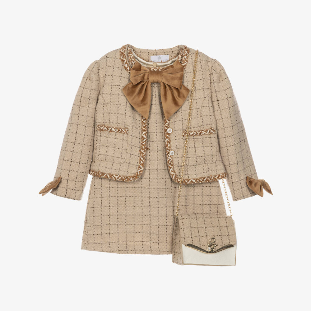 Beau KiD-Girls Beige Tweed Jacket & Dress Set with Shoulder Bag | Childrensalon