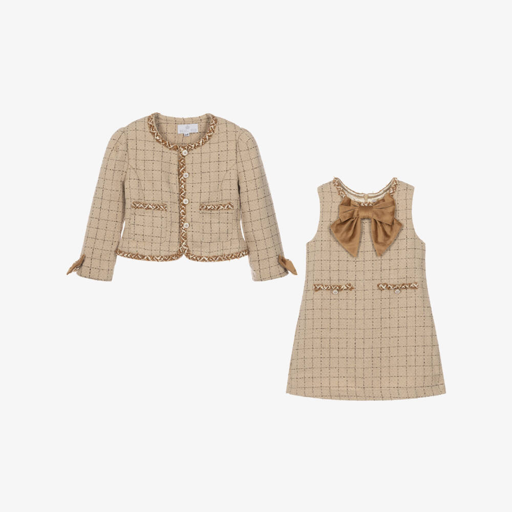 Beau KiD-Girls Beige Tweed Jacket & Dress Set with Shoulder Bag | Childrensalon