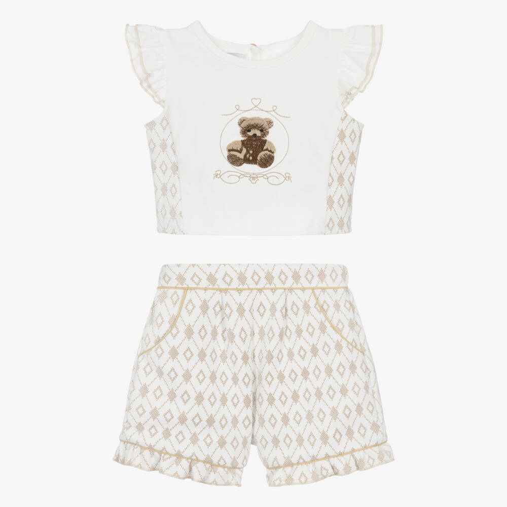 Beau KiD-Girls Beige & White Frilled Cotton Shorts Set with Bear Motif | Childrensalon