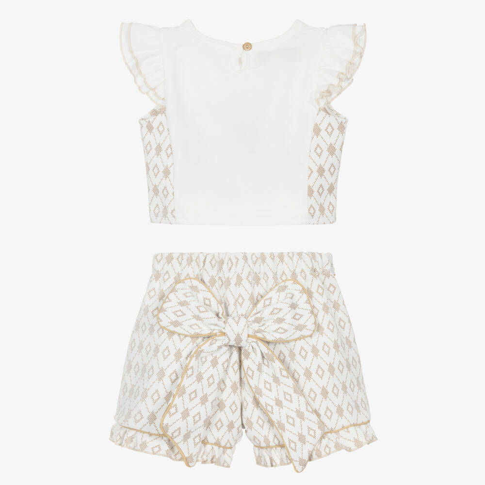 Beau KiD-Girls Beige & White Frilled Cotton Shorts Set with Bear Motif | Childrensalon
