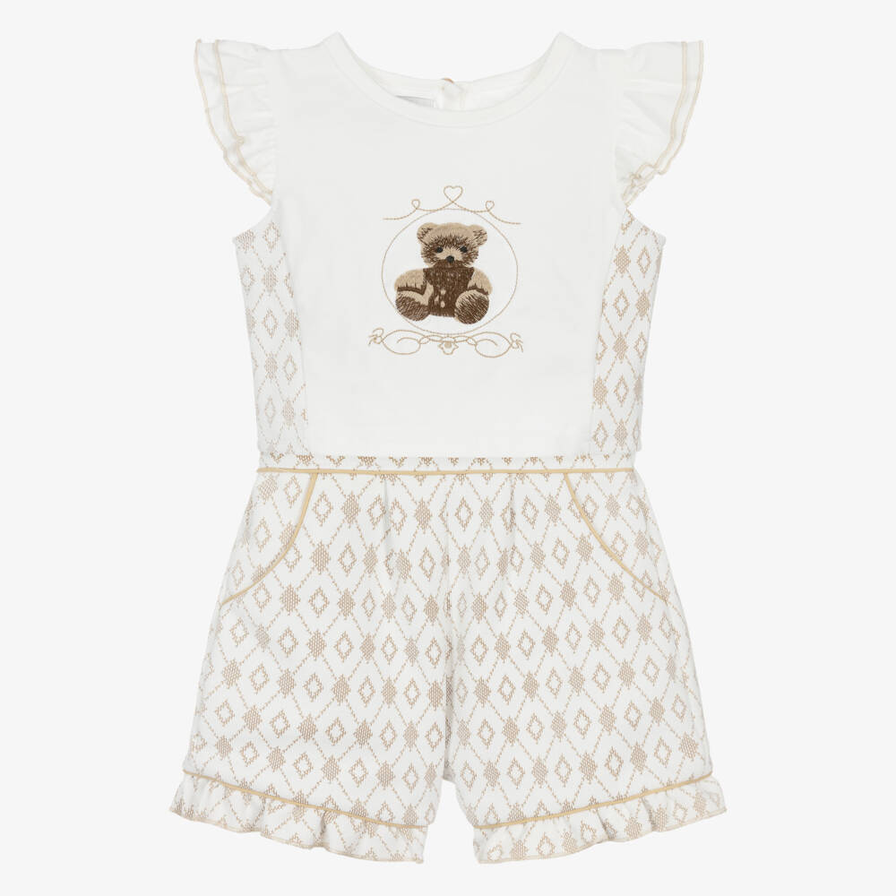 Beau KiD-Girls Beige & White Frilled Cotton Shorts Set with Bear Motif | Childrensalon