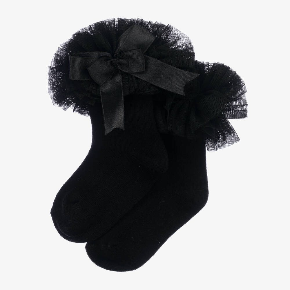 Beau KiD-Girls Black Cotton Frilly Socks | Childrensalon