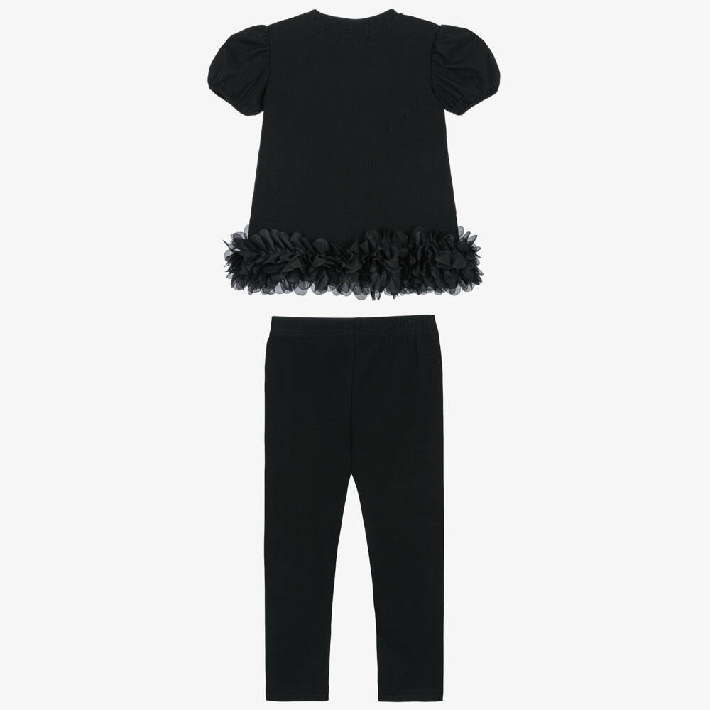 Beau KiD-Girls Black Cotton Ruffle Leggings Set with Diamanté Butterflies | Childrensalon