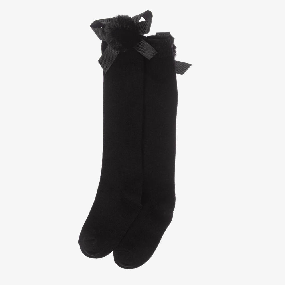Beau KiD-Girls Black Knee-Length Socks with Pom-Pom & Bows | Childrensalon