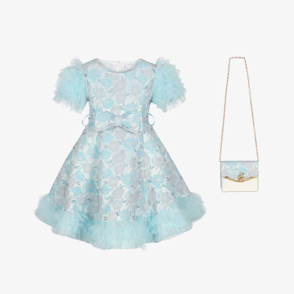 Beau KiD-Girls Blue Floral Jacquard Dress & Bag Set | Childrensalon