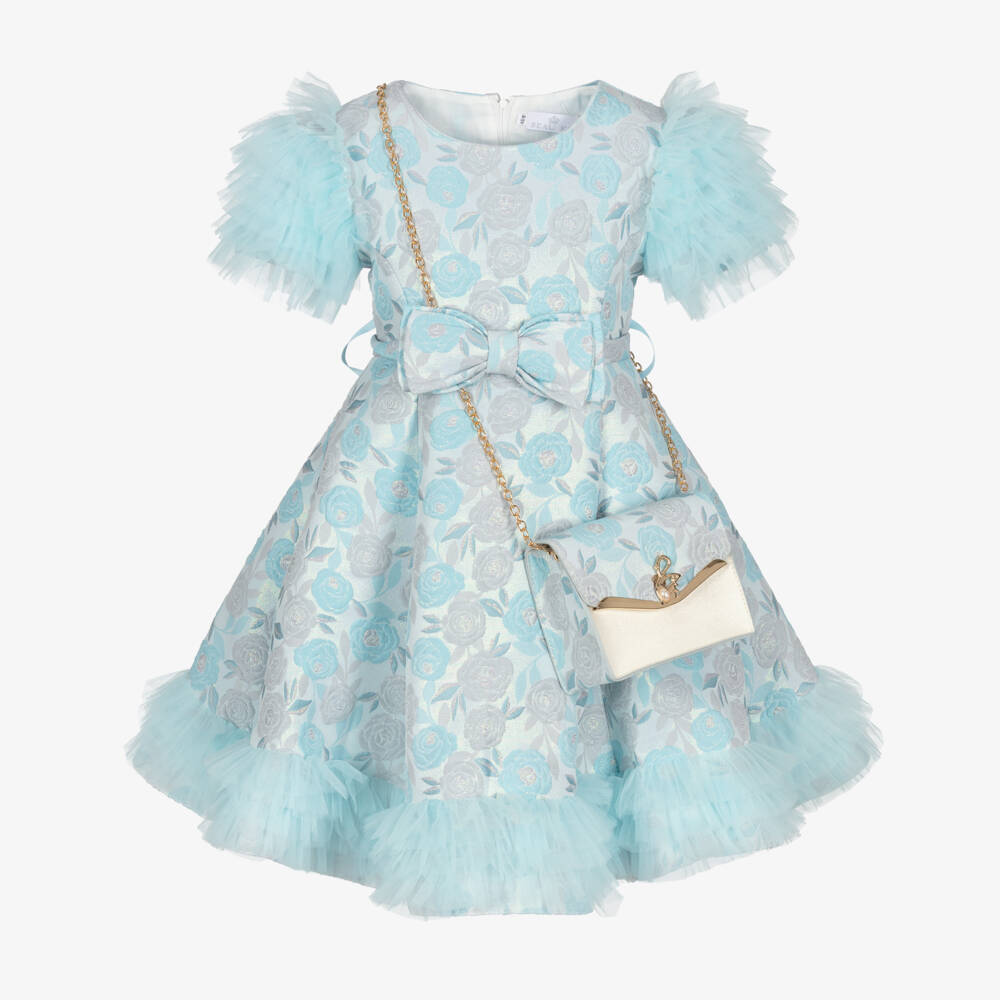Beau KiD-Girls Blue Floral Jacquard Dress & Bag Set | Childrensalon