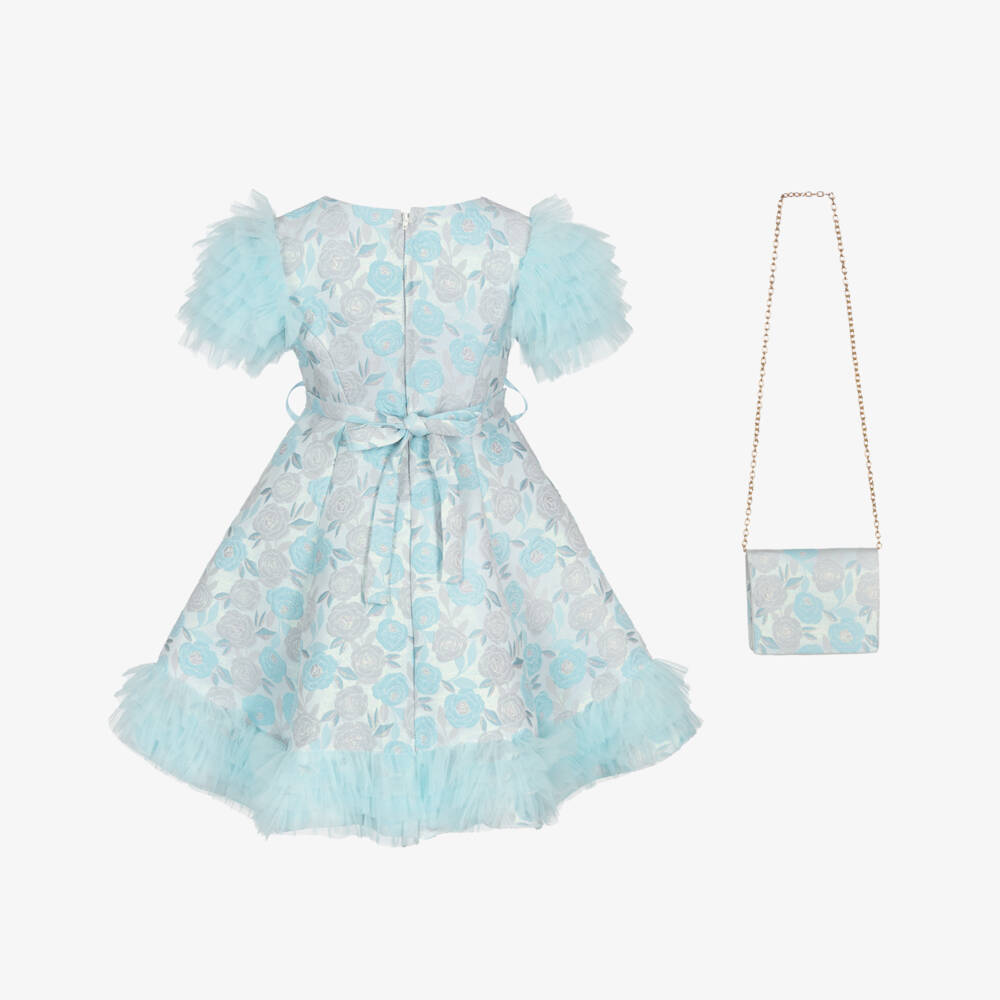 Beau KiD-Girls Blue Floral Jacquard Dress & Bag Set | Childrensalon