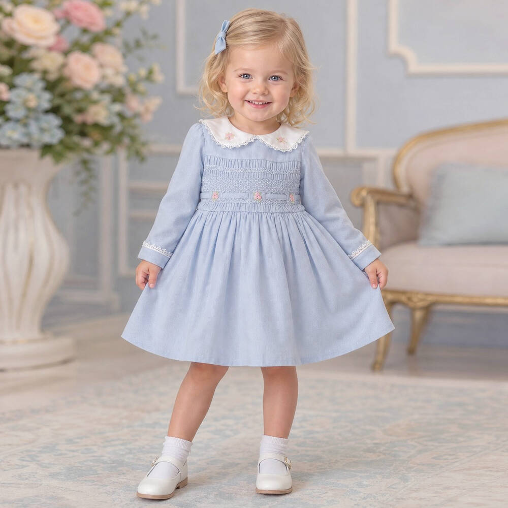 Beau KiD-Girls Blue Smocked Dress with Bullion Roses | Childrensalon