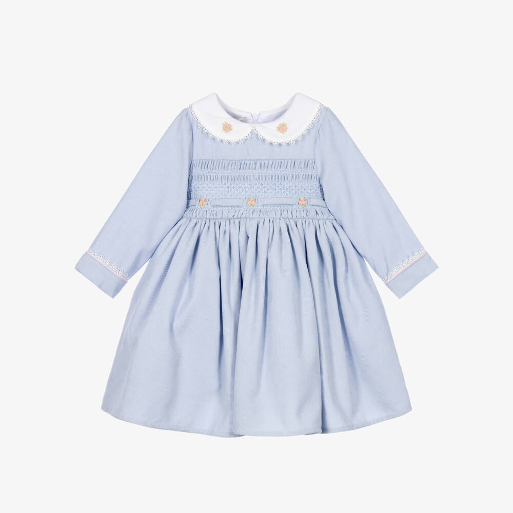 Beau KiD-Girls Blue Smocked Dress with Bullion Roses | Childrensalon