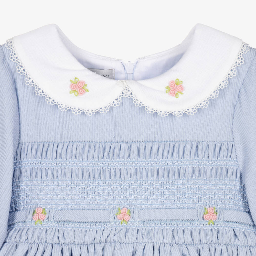 Beau KiD-Girls Blue Smocked Dress with Bullion Roses | Childrensalon
