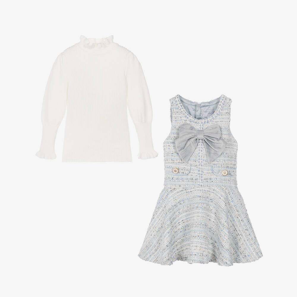 Beau KiD-Girls Blue Tweed Dress Set with Shoulder Bag | Childrensalon