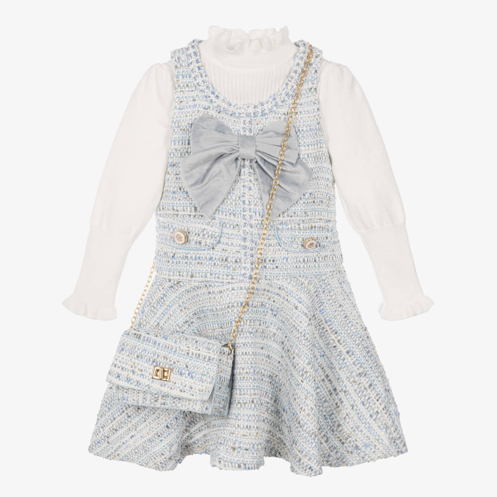 Beau KiD-Girls Blue Tweed Dress Set with Shoulder Bag | Childrensalon