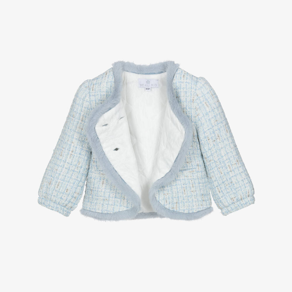 Beau KiD-Girls Blue Tweed Shorts Set with Faux Fur Trim  | Childrensalon