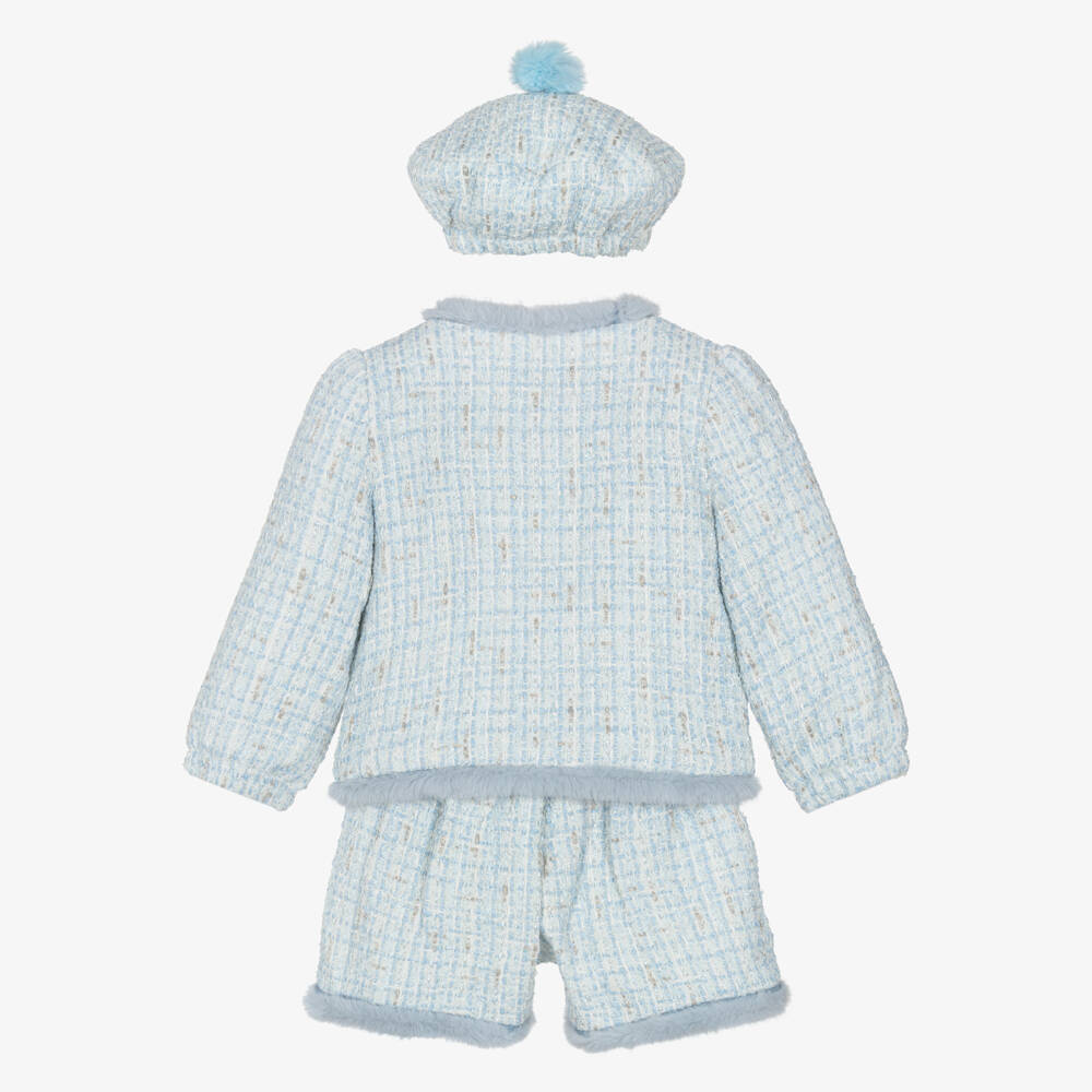 Beau KiD-Girls Blue Tweed Shorts Set with Faux Fur Trim  | Childrensalon