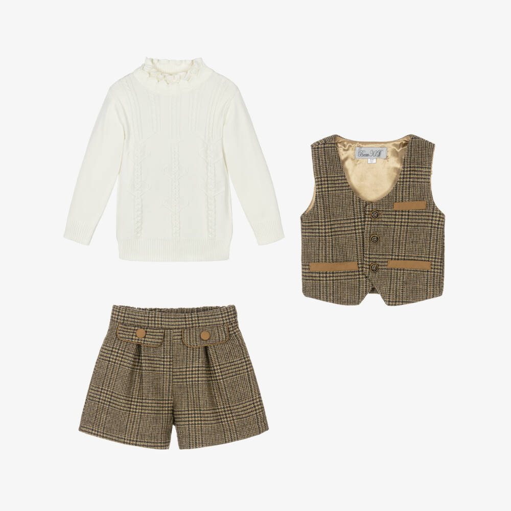 Beau KiD-Girls Brown & Ivory Beige Houndstooth Shorts Set | Childrensalon