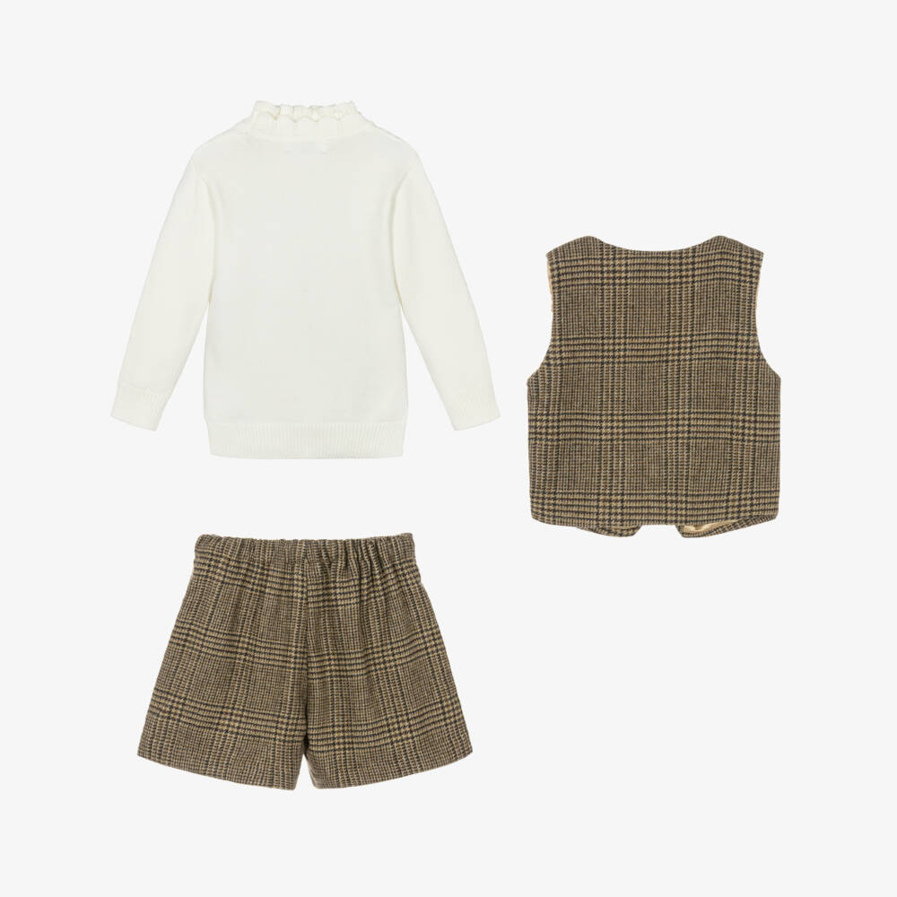 Beau KiD-Girls Brown & Ivory Beige Houndstooth Shorts Set | Childrensalon