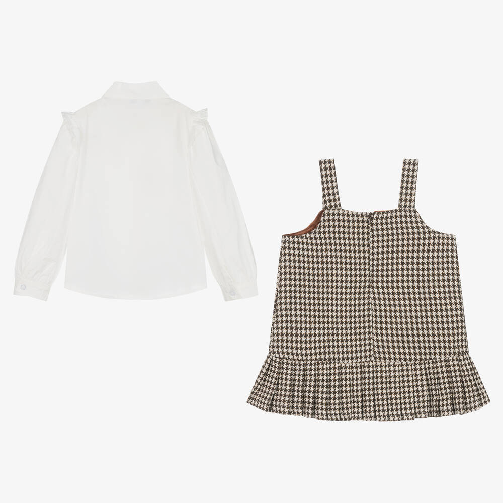 Beau KiD-طقم فستان بطبعة كاروهات لون عاجي وبني | Childrensalon