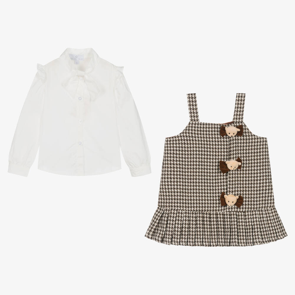 Beau KiD-طقم فستان بطبعة كاروهات لون عاجي وبني | Childrensalon