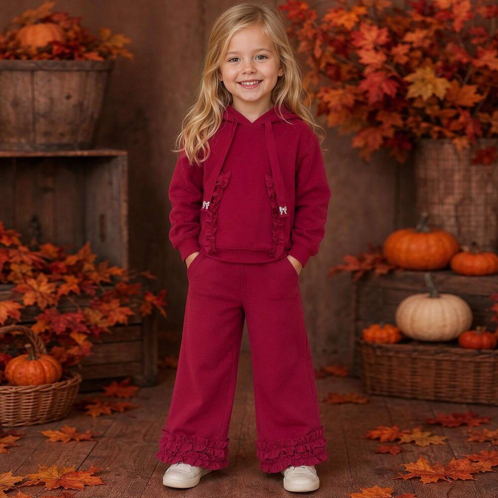Beau KiD-Girls Burgundy Knit Trouser Set with Ruffles | Childrensalon