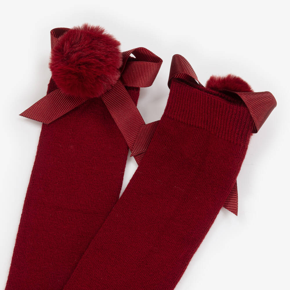 Beau KiD-Girls Burgundy Red Knee-Length Socks with Pom-Pom & Bows | Childrensalon