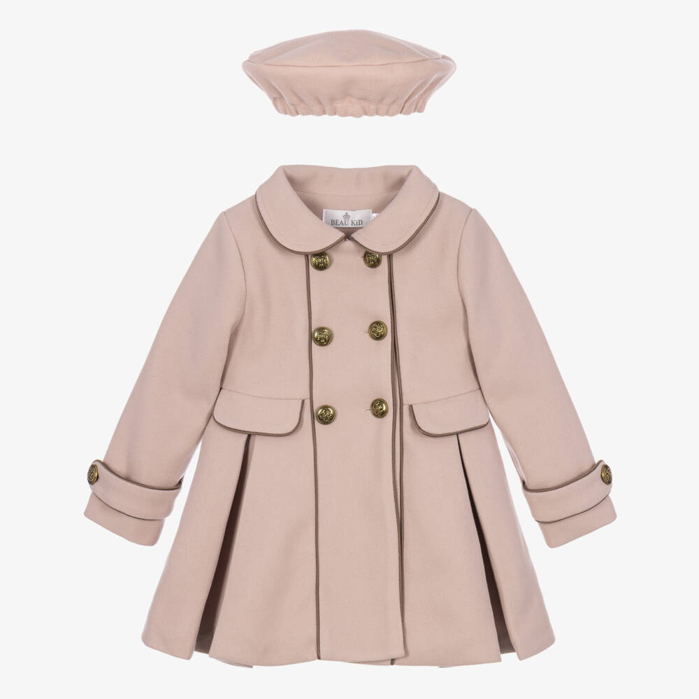 Beau KiD-Girls Coat & Beret Set in Fawn Beige | Childrensalon