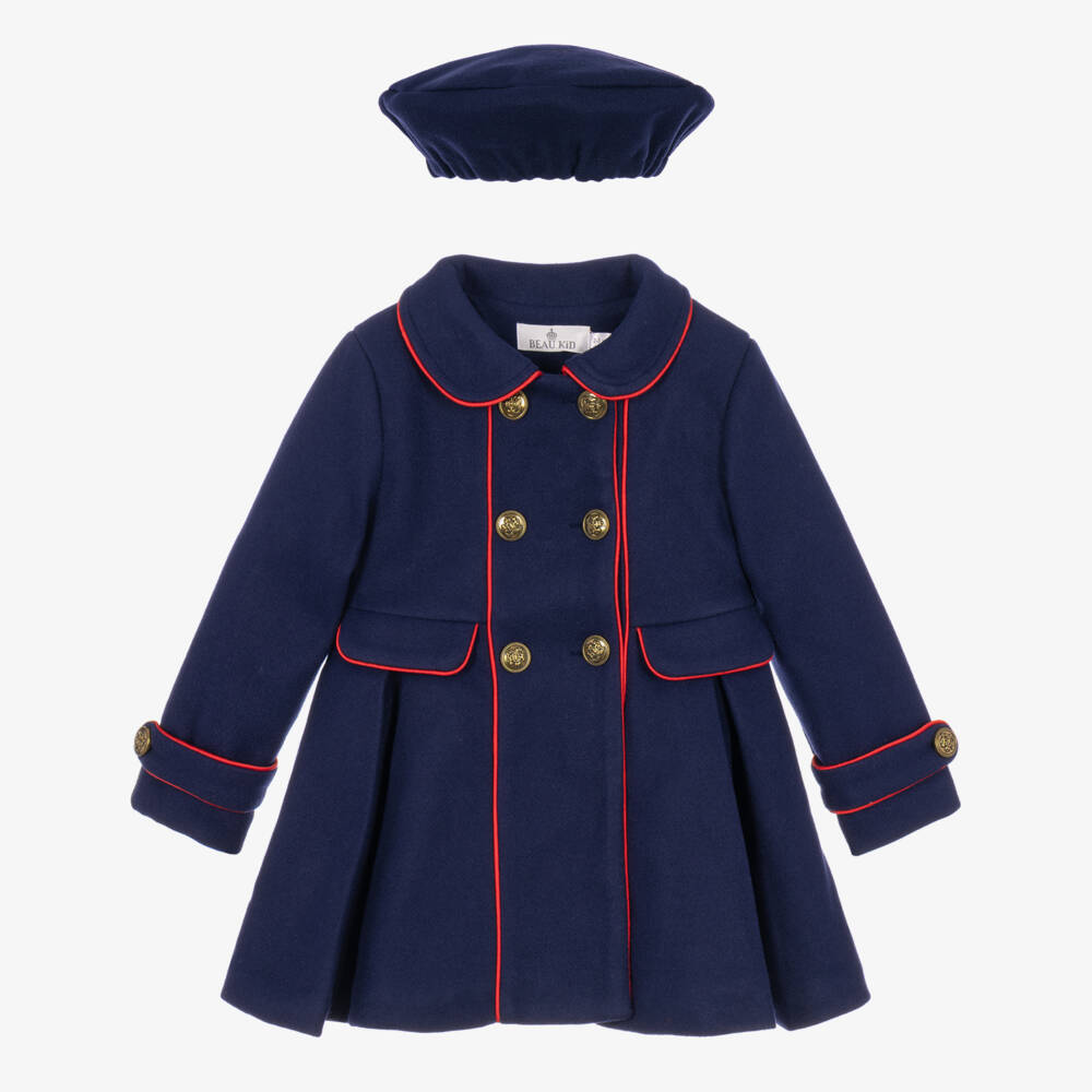 Beau KiD-Girls Coat & Beret Set in Navy Blue | Childrensalon