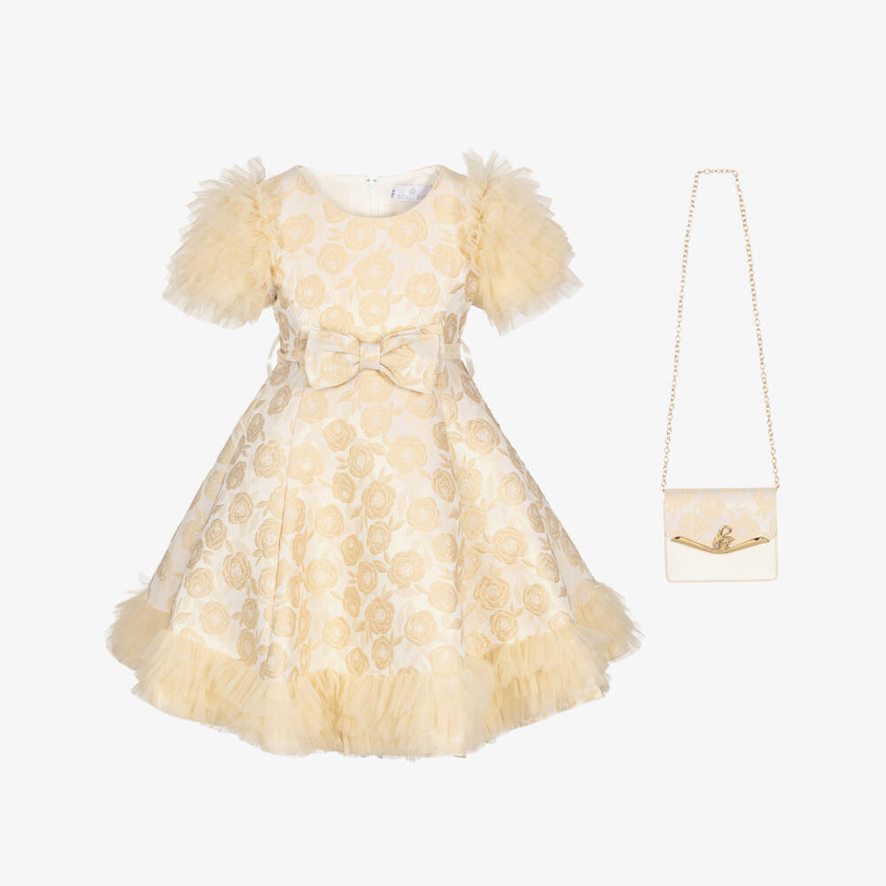 Beau KiD-Girls Gold Floral Jacquard Dress & Bag Set | Childrensalon