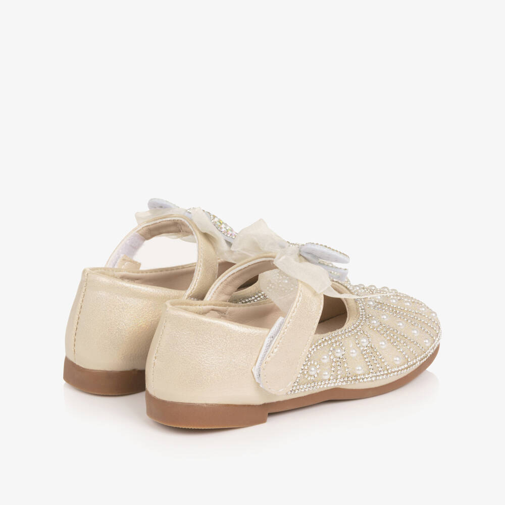 Beau KiD-Girls Gold Sparkle Bar Shoes with Bow | Childrensalon