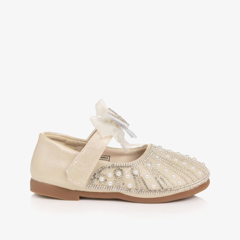 Beau KiD-Girls Gold Sparkle Bar Shoes with Bow | Childrensalon