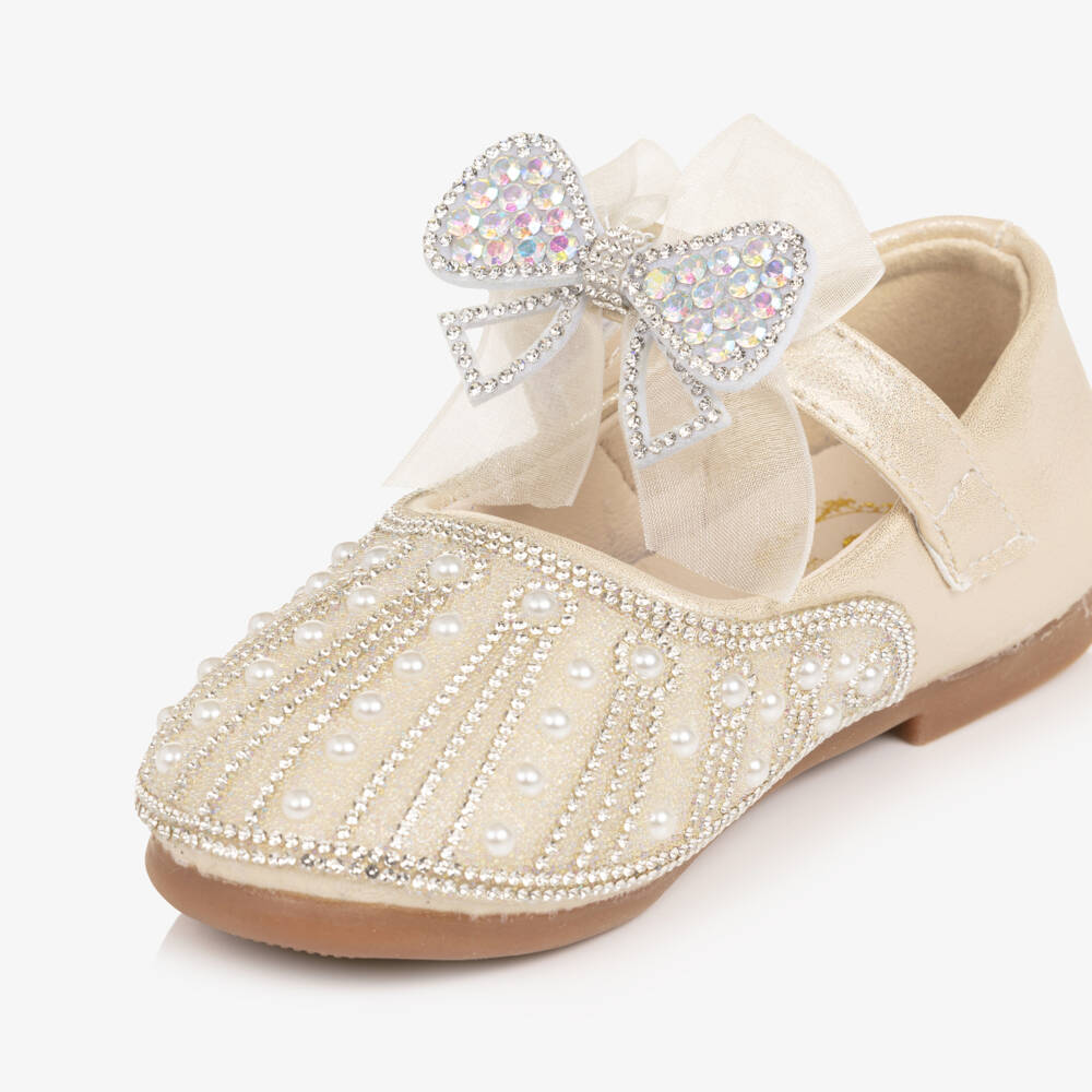 Beau KiD-Girls Gold Sparkle Bar Shoes with Bow | Childrensalon