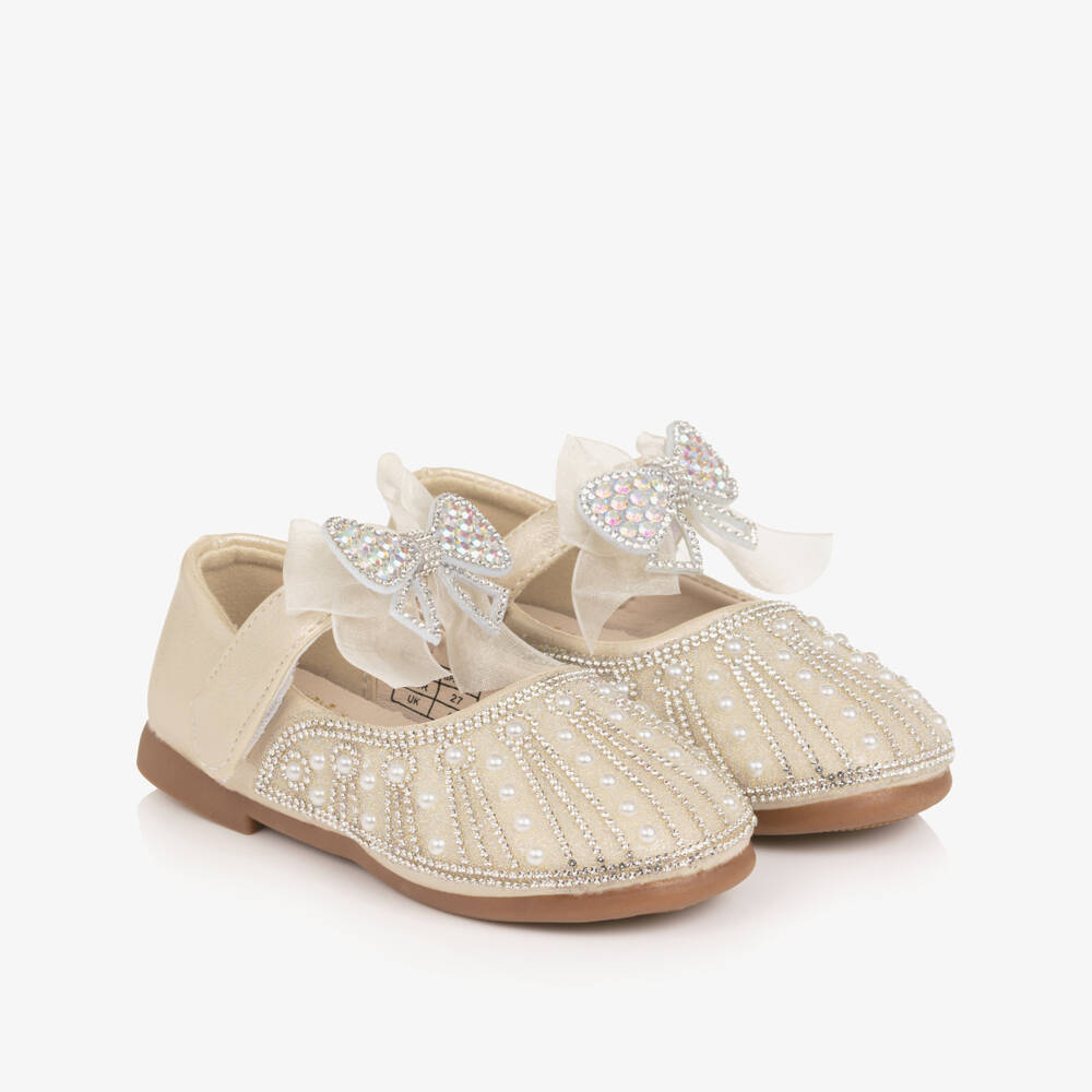 Beau KiD-Girls Gold Sparkle Bar Shoes with Bow | Childrensalon