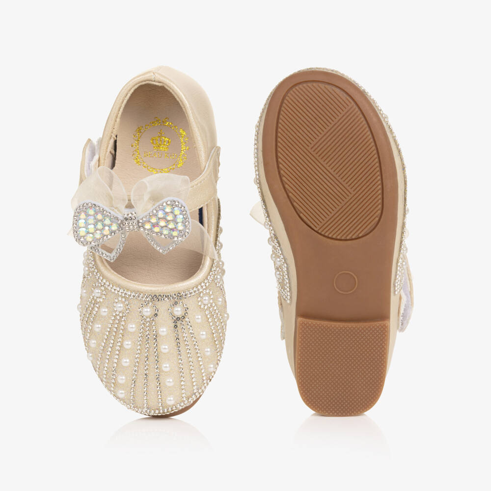 Beau KiD-Girls Gold Sparkle Bar Shoes with Bow | Childrensalon