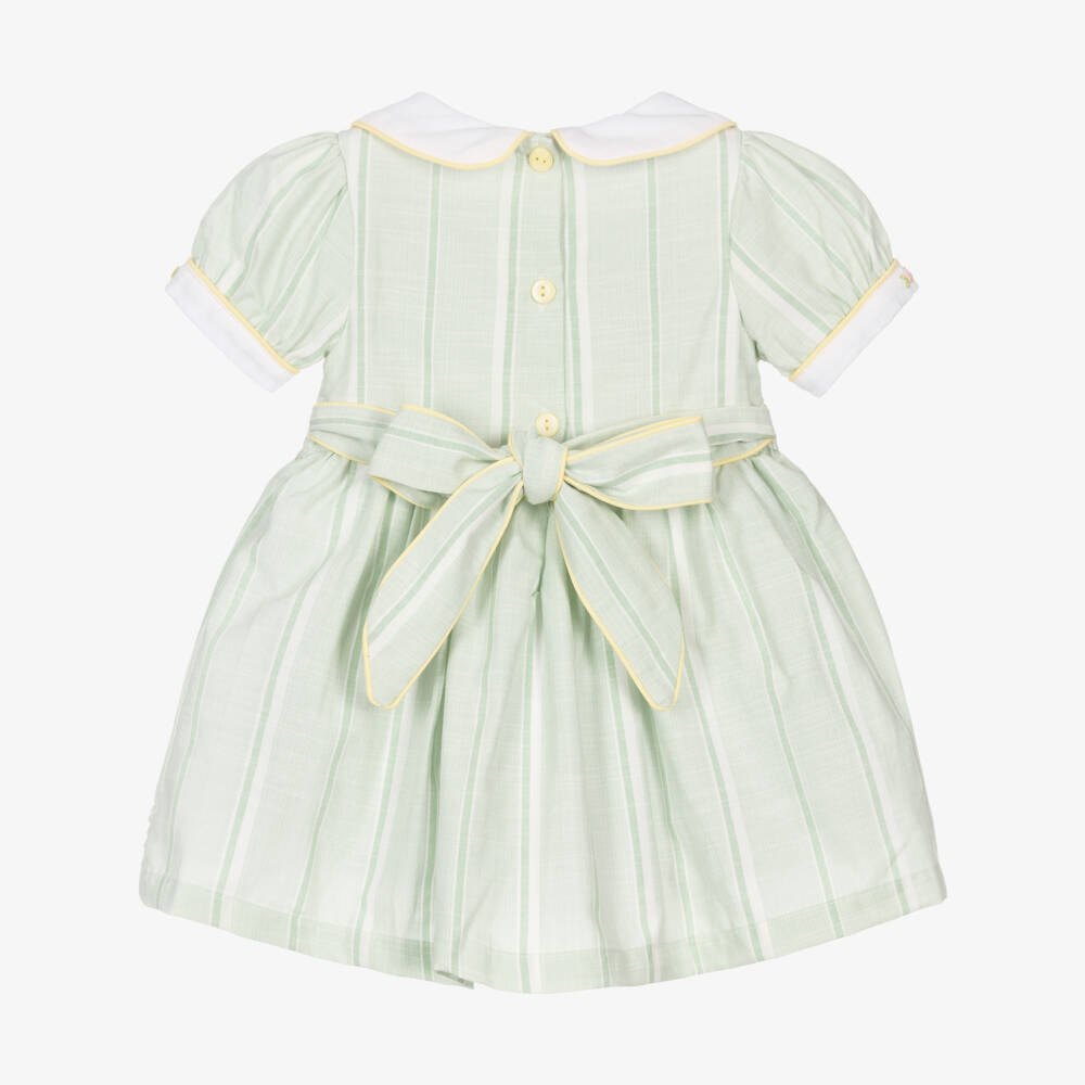 Beau KiD-Girls Green Striped & Smocked Cotton Dress | Childrensalon