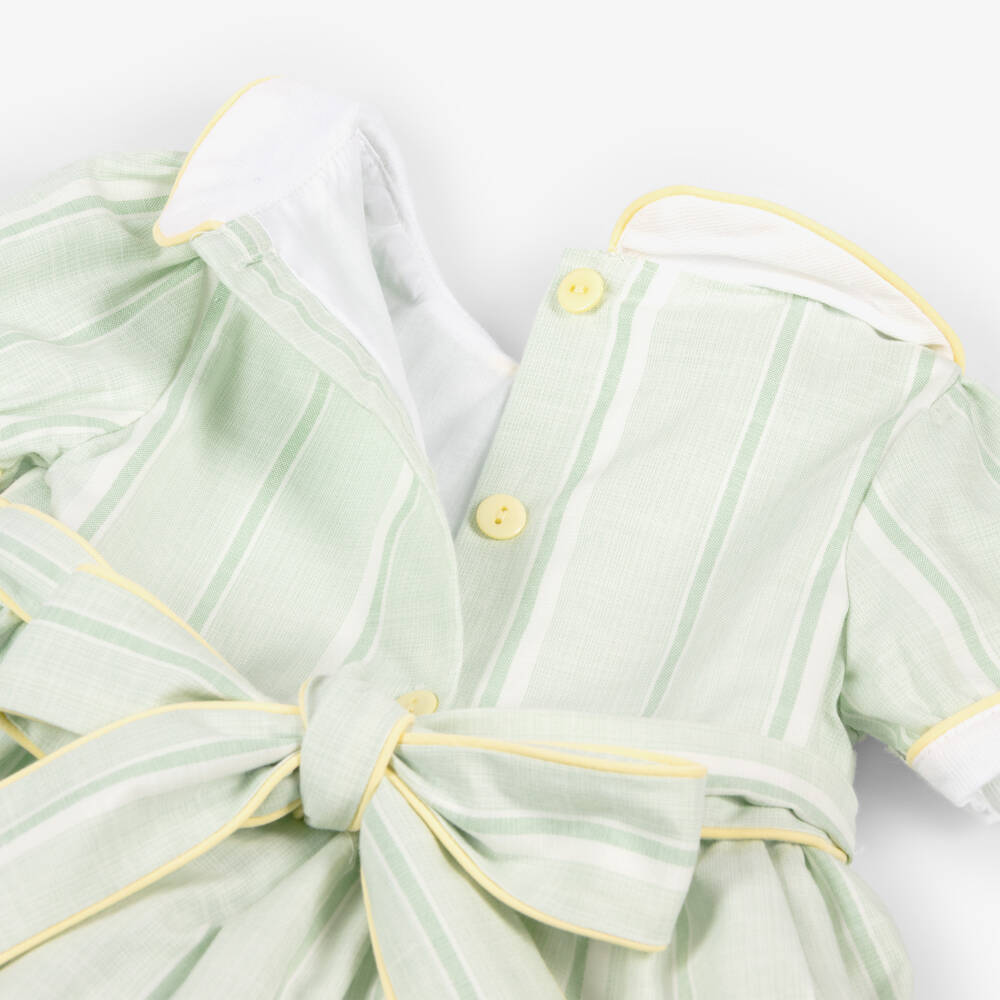 Beau KiD-Girls Green Striped & Smocked Cotton Dress | Childrensalon