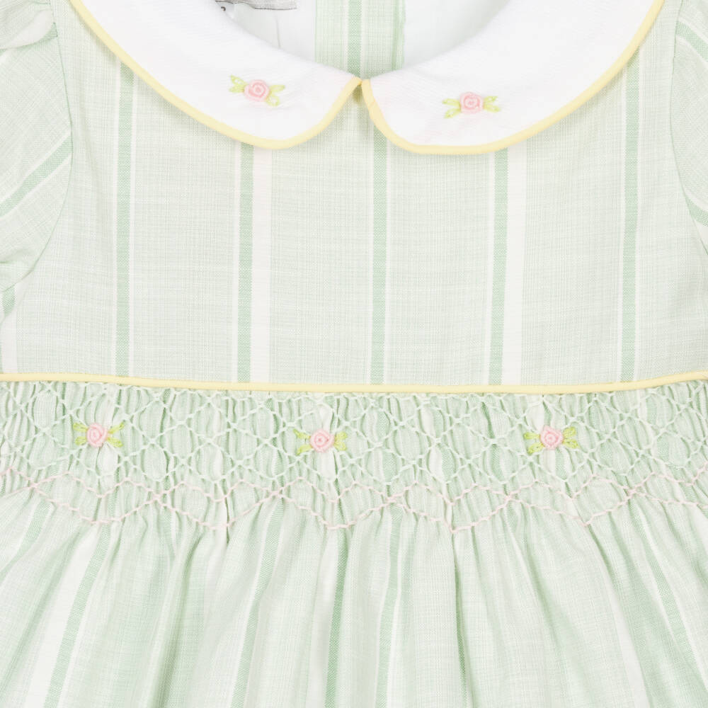 Beau KiD-Girls Green Striped & Smocked Cotton Dress | Childrensalon