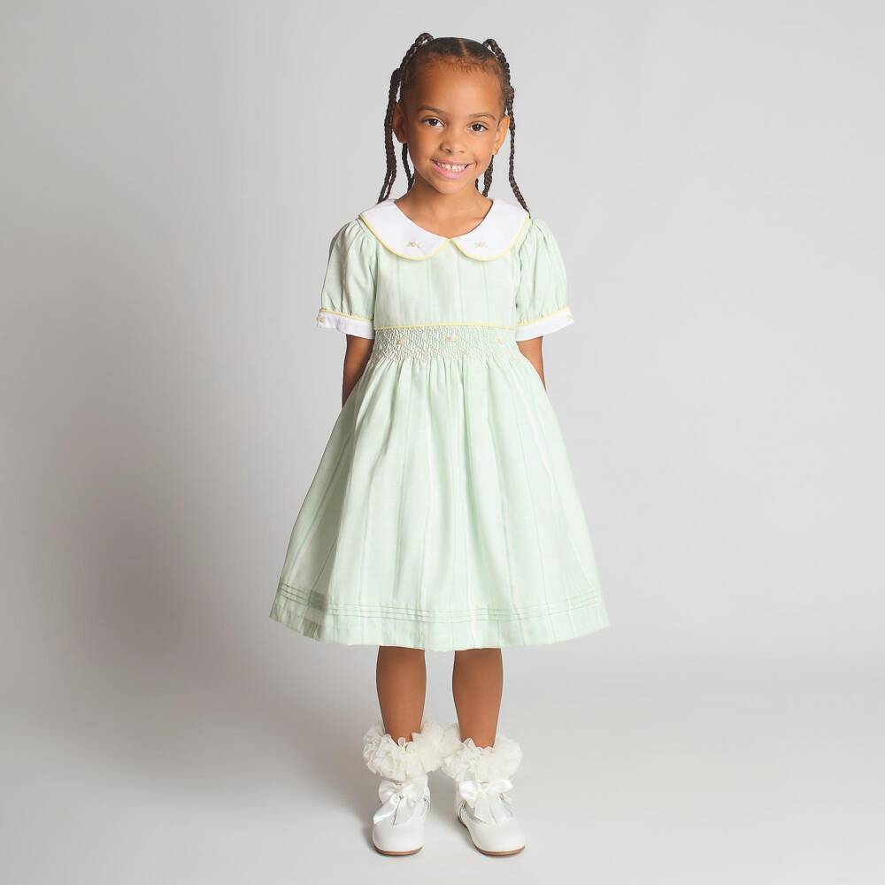 Beau KiD-Girls Green Striped & Smocked Cotton Dress | Childrensalon