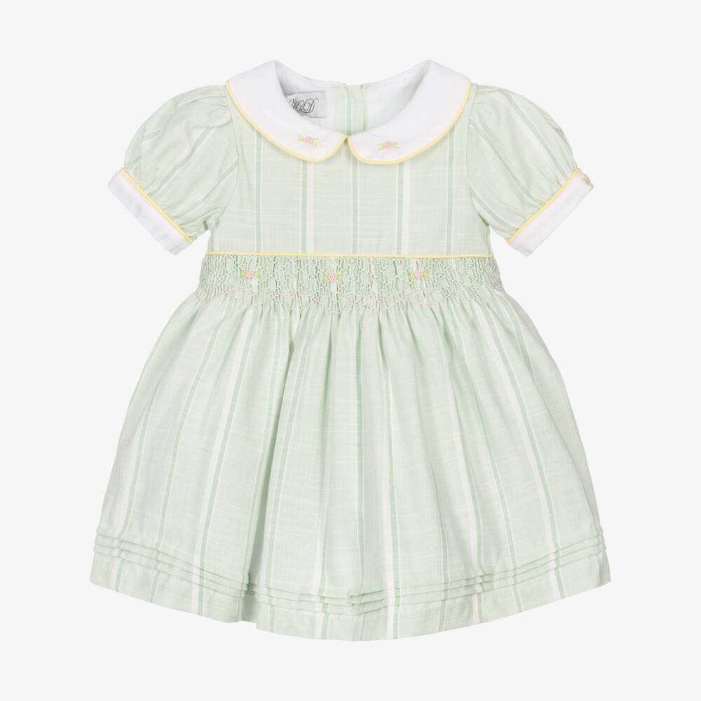 Beau KiD-Girls Green Striped & Smocked Cotton Dress | Childrensalon