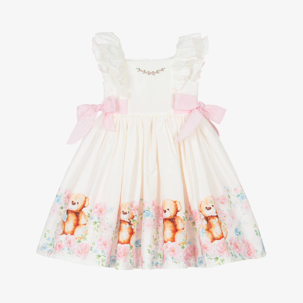 Beau KiD-Girls Ivory Cotton Bear & Flowers Dress  | Childrensalon