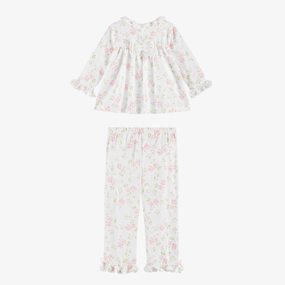 Beau KiD-Girls Ivory Cotton Pyjamas with Pink Rose Print  | Childrensalon