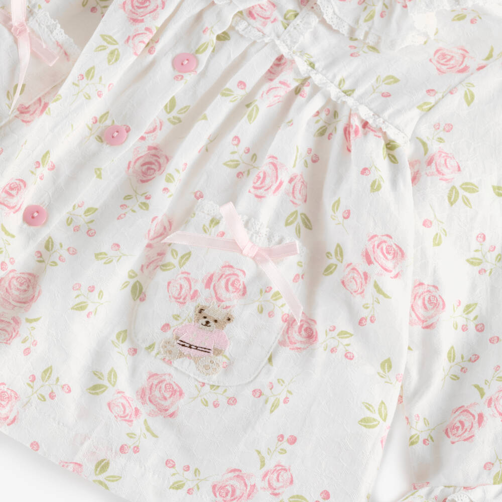 Beau KiD-Girls Ivory Cotton Pyjamas with Pink Rose Print  | Childrensalon