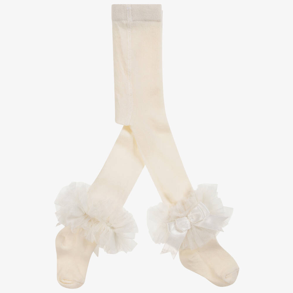 Beau KiD-Girls Ivory Cotton Tights With Frilly Ankles | Childrensalon