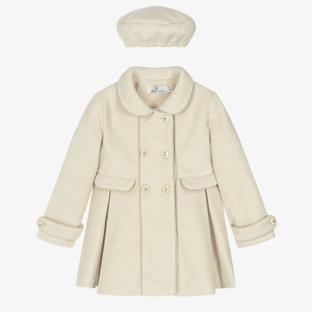 Beau KiD-طقم معطف وبيريه مزيج صوف لون عاجي للبنات  | Childrensalon